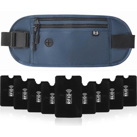 RFID Riñonera de Viaje para Hombre y Mujer, Cinturón de Viaje Anti Robo con 10 Fundas de RFID, Bolsillo Interior Impermeable de Varias Capas Guardar Objetos Importantes Como Monedas, Pasaporte(Azul)