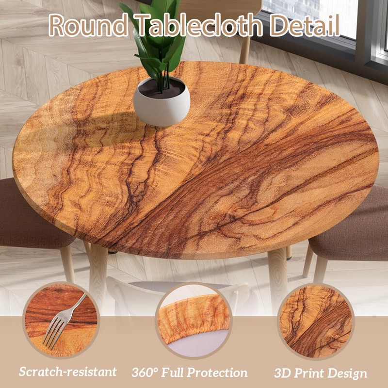 Odot Elastic Edged Round Fitted Tablecloth Protector 3D Wood Print