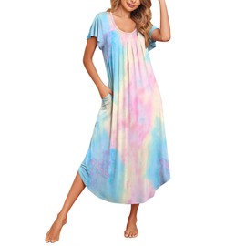 Ekouaer Womens Nightgowns Long Sleepshirt Pleated Short Sleeve Sleepwear House Dress with Pockets Pink Tie-dye XXX-Large