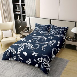 Feelyou Dinosaur Skull Bedding Set for Kids Boys Girls Teens Toddler Sugar Skull Comforter Cover Set Twin Size Dinosaur Skeleton Duvet Cover 100% Cotton Navy Blue Bedspread Cover 2Pcs