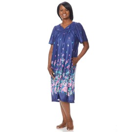 AmeriMark Women's & Women's Plus Border Lounge Dress- Short Sleeve Gown Sleepwear for Ladies, Navy Delight Border, 1X