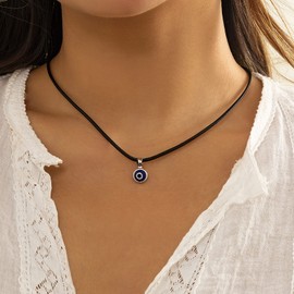 Atentuyi Evil Eye Pendant Necklace Bohemian Blue Eye Small Dot Choker Turkish Glass Leather Black Rope Chain Necklace Jewellery for Women and Girls Lucky Protection Girls