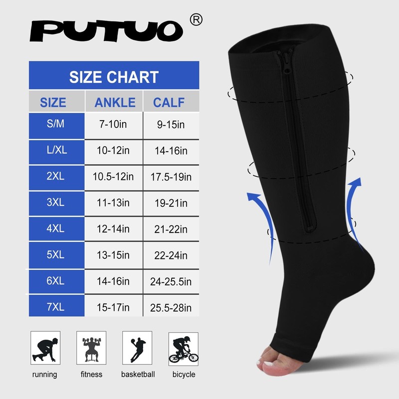 PUTUO Plus Size Compression Socks: Wide Calf Zip Flight Sock