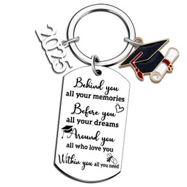ALUNME 2025 Graduation Keychain, Inspirational Message Tag with Graduation Cap Charm, Stainless Steel (Mortarboard Silver)