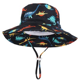 JUPSK Toddler Sun Hat Kids Summer Bucket Hat with Adjustable Chin Strap UPF50 Wide Brim Beach Outdoor Hat Dinosaur Cap for Infant Baby Boys and Girls Aged 2-4 Years Black