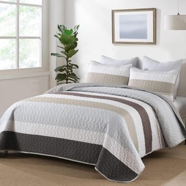 Boho Quilt Set Full Size,3 Pieces Grey Striped Bedspreads,Soft Microfiber Bedding Set with 2 Pillow Shams Lightweight Coverlet 78"x90" for Summer Bed