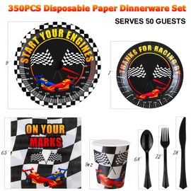 FillTouch 350 Pcs Race Car Party Tableware for 50 Guests Baby Shower Race Car Plates Disposable Napkins Cups Dessert Plates Start Your Engines Plastic Knives Fork Spoon for Racing Theme Party