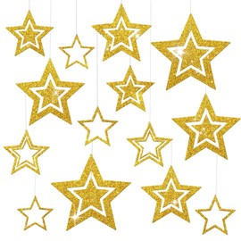 BETESSIN Stars for Hanging Gold Glitter – Pack of 14 Paper Christmas Stars – Christmas Decoration for Hanging – Christmas Pendant for Christmas Tree, Ceiling Hanger, Crafts, Christmas Decoration and