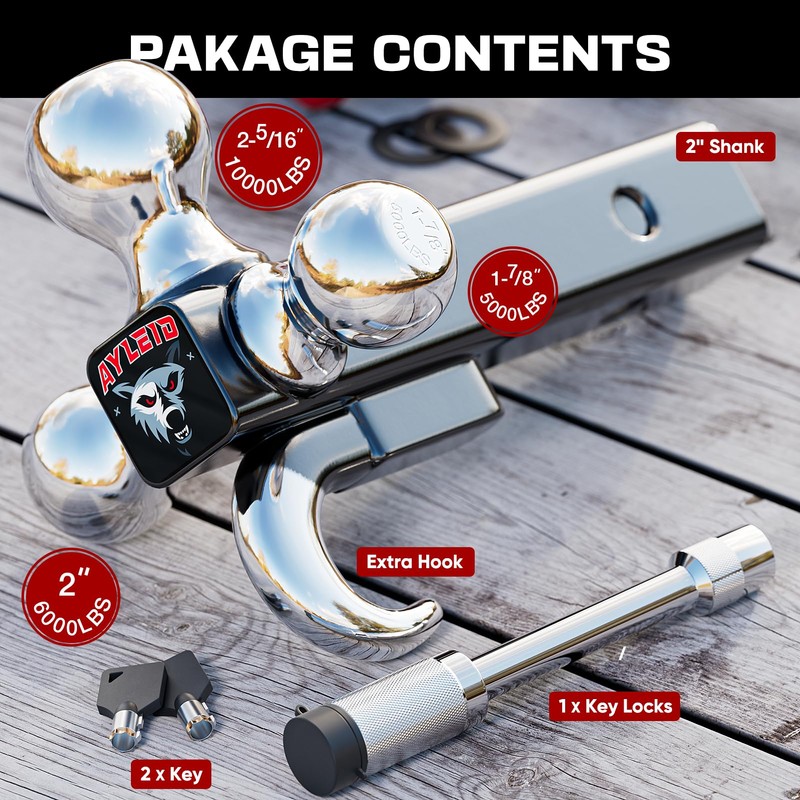 Ayleid Trailer Hitch Tri-Ball Mount with Hook & Pin Balls