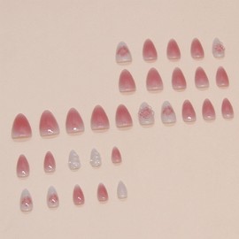 Enppode Almond Press on Nails Medium Fake Nails French Tips Nails Pink Nails Glossy Full Cover Nails for Women 24 PCS/Set (Pink 3D Nails)