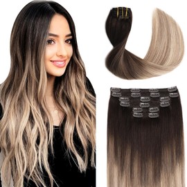 Clip in Hair Extensions Human Hair, 18 Inch 120g 6pcs Clip in Hair Extensions Balayage Dark Brown to Chestnut Brown and Dirty Blonde Human Hair Clip in Extensions Straight Human Hair C18#2/6/18