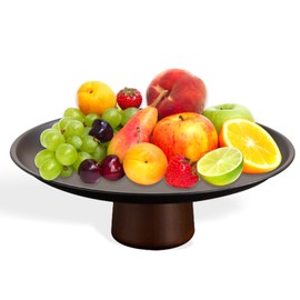 Wooden Pedestal Fruit Bowl with Stainless Steel Tray, Large Decorative Serving Bowl for Kitchen Counter, Table Centerpiece Stand for Fruits, Candies, Cakes, and Desserts