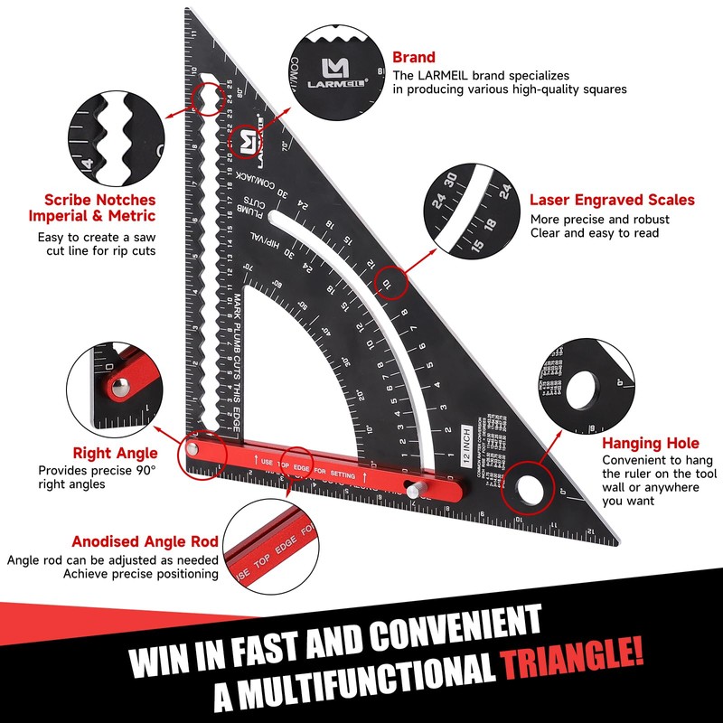 LARMEIL Carpenter Square 12 inch Woodworking Tools Smart Square, Adjustable