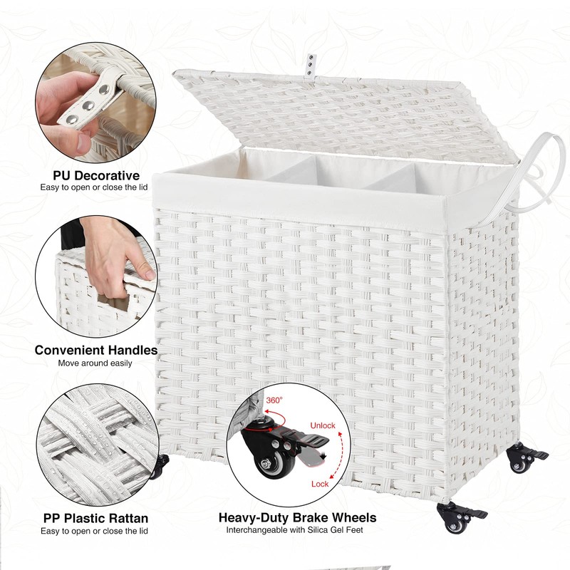 Greenstell Laundry Hamper with Wheels&Lid,130L Large 3 Sections Clothes Hamper