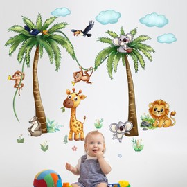 BOAMAU Jungle Animal Wall Stickers Forest Safari Wall Decals Kid Room Nursery Baby Bedroom Décor (Brown Tung Tree Toucan)