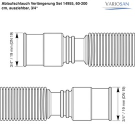 VARIOSAN Drain Hose Extension Set 14955 60-200 cm Extendible 3/4 Inch with Brass Hose Connector and Hose Clamps for Washing Machine and Dishwasher
