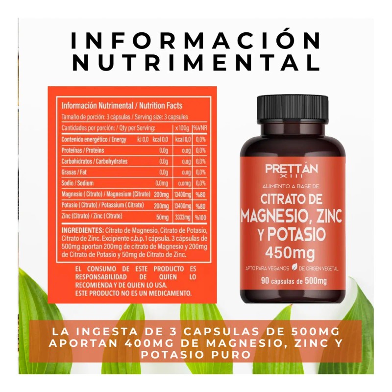 Citrato De Magnesio Zinc Y Potasio Prettan 90 Capsulas 500mg
