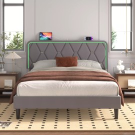 Vecelo LED Light Queen Full Twin Bed Frame with USB Ports Size Headboard Platform Bed - Gray, Queen