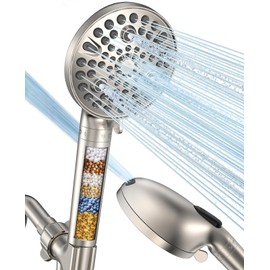 MakeFit Handheld Shower Head with Filter Brushed Nickel - High Pressure 10 Spray Modes Filtered Shower Head with Hose, Bracket and Hard Water Shower Filters to Remove Chlorine and Heavy Metals