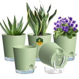 Meowell 4 inch Self Watering Pots for Indoor Plants, 5 Pack Small Flower Plant Pots with Drainage Holes and Clear Reservoirs, Visible Water Level, Plastic Planters with Wicking Rope, Green