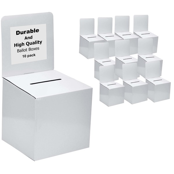 MCB Extra Large Ballot Box - Suggestion Box - Raffle Box - Ticket Box - Extra Large Cardboard Box (10"x10"x10") With Removable Header (10 pack, White)