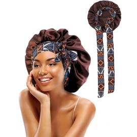 KGDUYC silk bonnet,satin haarhaube,bonet haare silk,Lange Satin Kopfhaube für Damen Seidenhaube zum Schlafen Schlafmütze mit Elastischem Band Nachtmütze für Lange Lockiges Haar Locs，Bohemien (Kaffee)