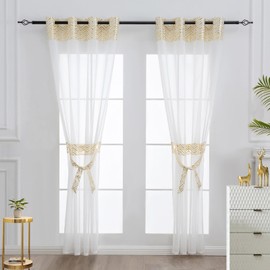 L.Z.E Gold and White Sheer Curtains 84 Inches Long for Living Room, White Elegant Curtains with Design, Linen Look Sheer Curtains with Glod Pattern,Grommet Top 2 Panels Set (56" W x 84" L Gold)