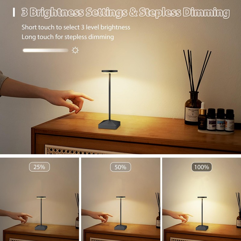 FUNTAPHANTA 3 Pack Black Small Cordless Table Lamps Rechargeable, Battery
