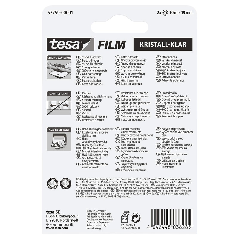 tesafilm kristall-klar - Hochtransparentes, alterungsbeständiges Klebeband mit starker Haftung -