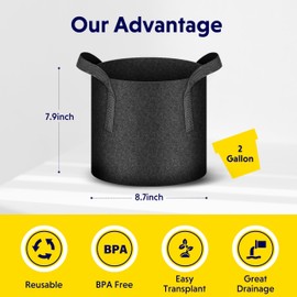 iPower 20 Pack 2 Gallon Grow Bags, Garden Planting Nonwoven Fabric Pots, Heavy Duty and Aeration Planter Pot with Reinforced Handle for Vegetables, Fruits and Flowers, Black