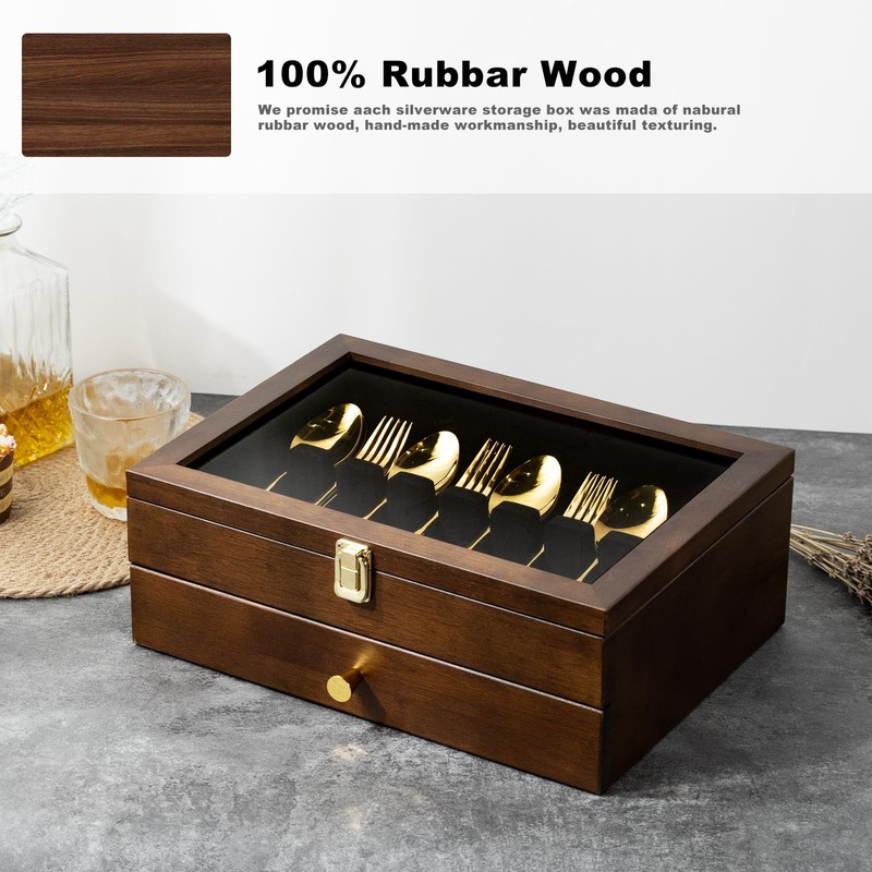 Yoimori Silverware Box, 2-Layer Wooden Silverware Storage Box with Glass