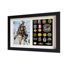 Military Medal Display Case,Shadow Box Medals Display,Military Display Case,12.9" X 9.4" Pin Display Case,Wooden Military Display Case,with 5X7 Photo Frame,98% UV Protection (Black)