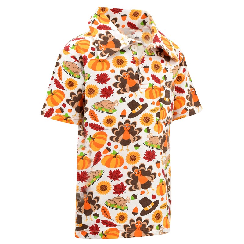 Unique Baby Boys Thanksgiving Pilgrim Turkey Polo Shirt (7Y, White)