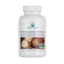 Nature's Lab Extra Strength Ashwagandha KSM 66 Extract - 5% Withanolides, Pure Organic Ashwagandha Root Powder - Supports Stress Relief, Focus and Strength Support* - 120 Ct (60 Day Supply)