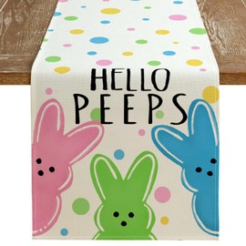ARKENY Easter Table Runner 13x48 Inches, Bunny Rabbit Hello Peeps Spring Holiday Farmhouse Polka Dot Burlap Indoor Table Decorations for Home AT567-48