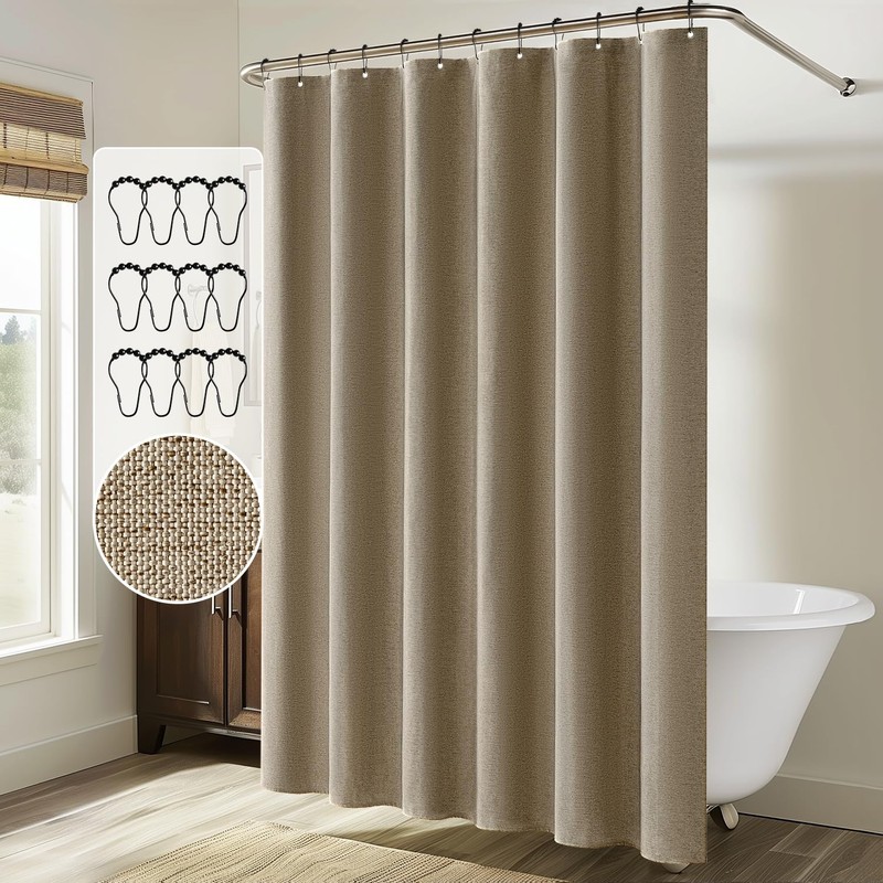 MIULEE Linen Shower Curtain with 12 Metal Hooks Modern Heavy