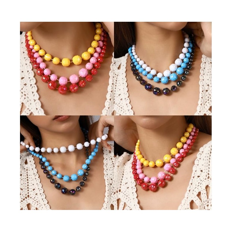XAM Creative Acrylic Layered Bead Choker Necklace – Mixed-Size Boho
