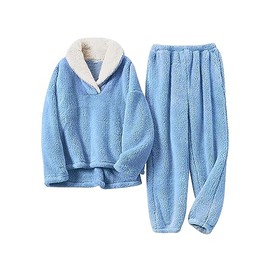 Jenkoon Winter Warm Pajamas For Women Coral Fleece Pajamas Set Flannel Sleepwear 2 Piece Loungewear(Blue,M)