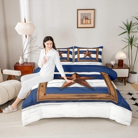 Western Texas Star Kids Comforter Set Queen Size,Vintage Wooden Plank Stripes Bedding Set,Girls Boys Adults Room Decor,Cowboy Rustic Farmhouse Down Comforter,Blue White Duvet Insert,2 Pillowcases