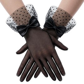 Dhthdrh Women Lace Bow Short Gloves Wedding Tea Party Gloves Sheer Mesh Mitten for Bridal Elegant Accessories 1920s Opera Funeral