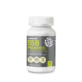 NANOWELL 55B Probiotics with Digestive Enzymes for Immune Support & Gut Health - 55 Billion CFU, 12 Strain, 185 mg Prebiotic - Relieves Gas & Bloating - 30 Vegan Capsules, 30 Day Supply