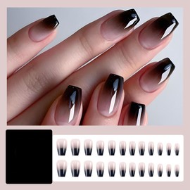 24 Pcs Black White Ombre Press on Nails Short Square - MINGCHUN Summer Fake Nails Press ons Nails Tips Design Full Cover French False Nails Glue on Nails Stick on Nails Acrylic Nail Art DIY for Women