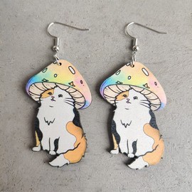 Cute Cat Mushroom Dangle Drop Earrings for Women Lightweight Colorful Wooden Funny Cartoon Animal Hook Dangling Hanging Hypoallergenic Fashion Jewelry Gifts Bff Daughter Her Birthday