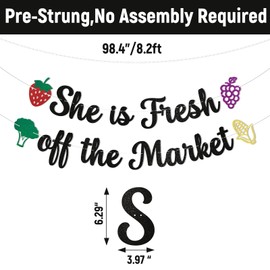 She's Fresh Off The Market Banner - Fresh Off The Market Theme Party Decorations, Farmers Market Bridal Shower Bachelorette Party Decorations Black Glitter
