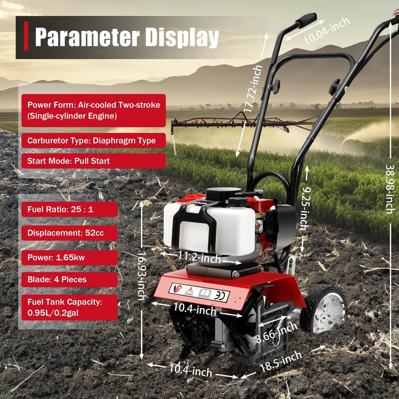 Tiller Cultivator, Powerful 14-Inch 52CC Garden Tiller Cultivator with Air-Cooling,