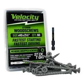 Velocity Exterior 2 1/2 Wood Screws DIY Pack (Size #10) – 60 Wood Screw, Made with Carbon Steel, Includes 1 Hexstix Drive Bit and Stick-Tight Technology (60 Pieces)