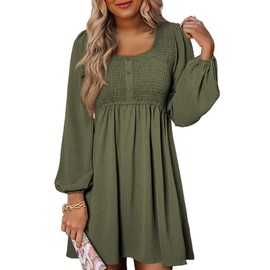 Dokotoo Casual Dresses for Women 2024 Fall Crewneck Long Sleeve Empire Waist Dress Fashion Smocked A-line Flowy Elegant Dresses Green Large