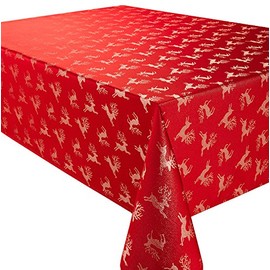 Celebration Deer Red/Gold Metallic Effect Christmas Rectangular Tablecloth Ideal For 6-8 Place Settings (70x90in-178x228cm Approx)