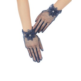 GRYUIRY Women's Mesh Short Gloves Lace Tea Party Gloves for Wedding Bridal Evening Prom Party Navy Blue