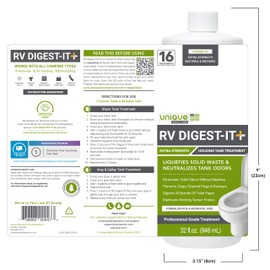 Unique RV Digest-It+, Extra-Strength RV Toilet Treatment - Liquifies Waste and All Brands of Toilet Paper - Odor Eliminator (32 oz)